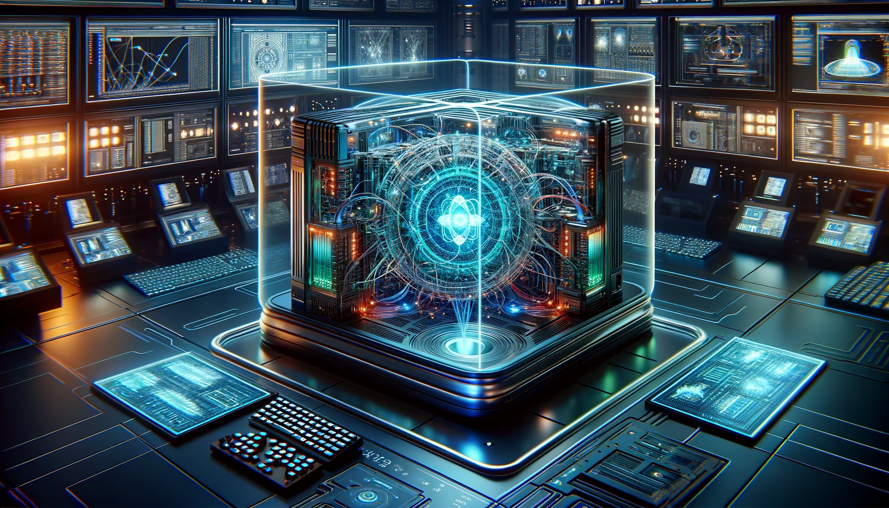 先進的な量子コンピューターとAI技術の統合を示す画像。未来的な高技術のラボ環境が描かれています。